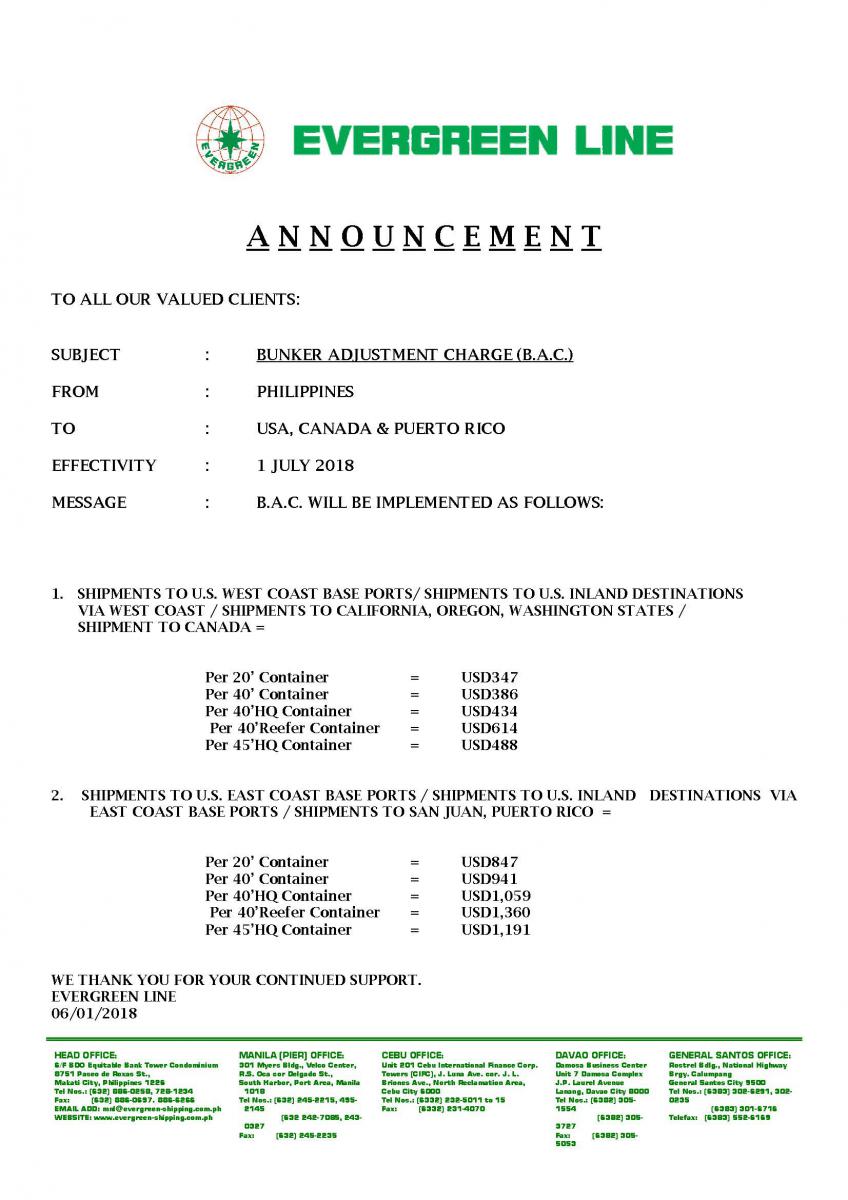 BUNKER ADJUSTMENT CHARGE B A C Philippines To USA Canada Puerto Rico Effectivity July 1 